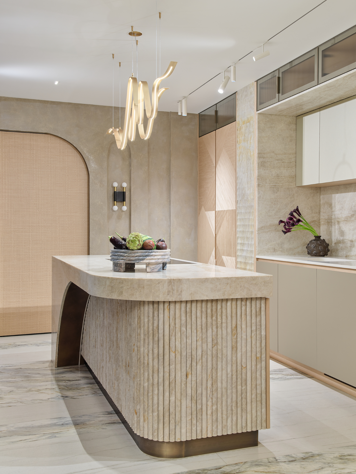 Faura showroom kitchen with sculptural island, Westminster London
