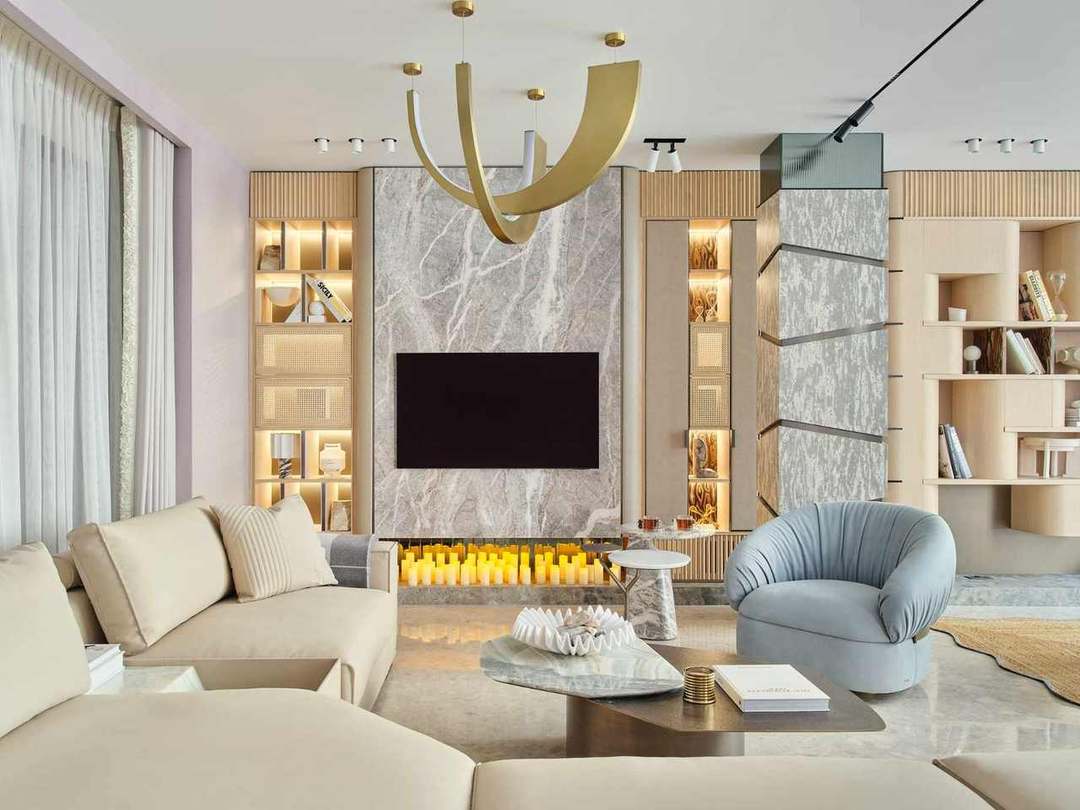 Faura showroom living room with feature wall, Westminster London