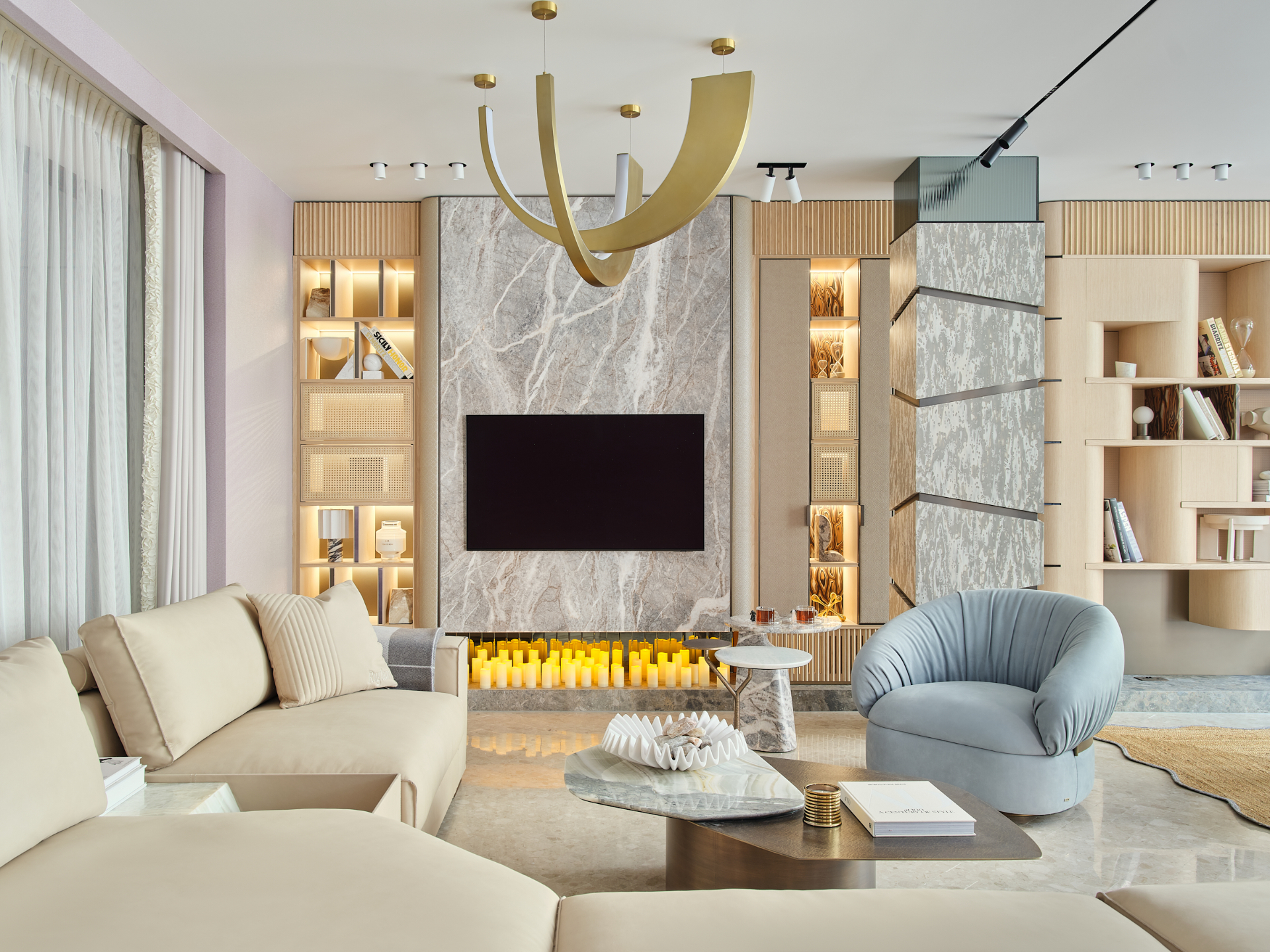 Faura showroom living room with feature wall, Westminster London