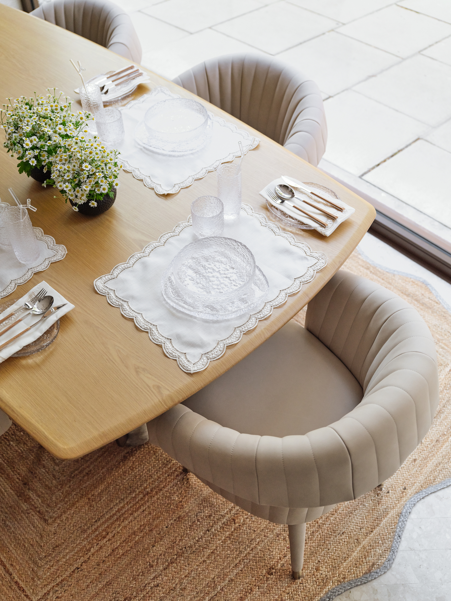 Faura showroom oak dining table setting, Westminster London