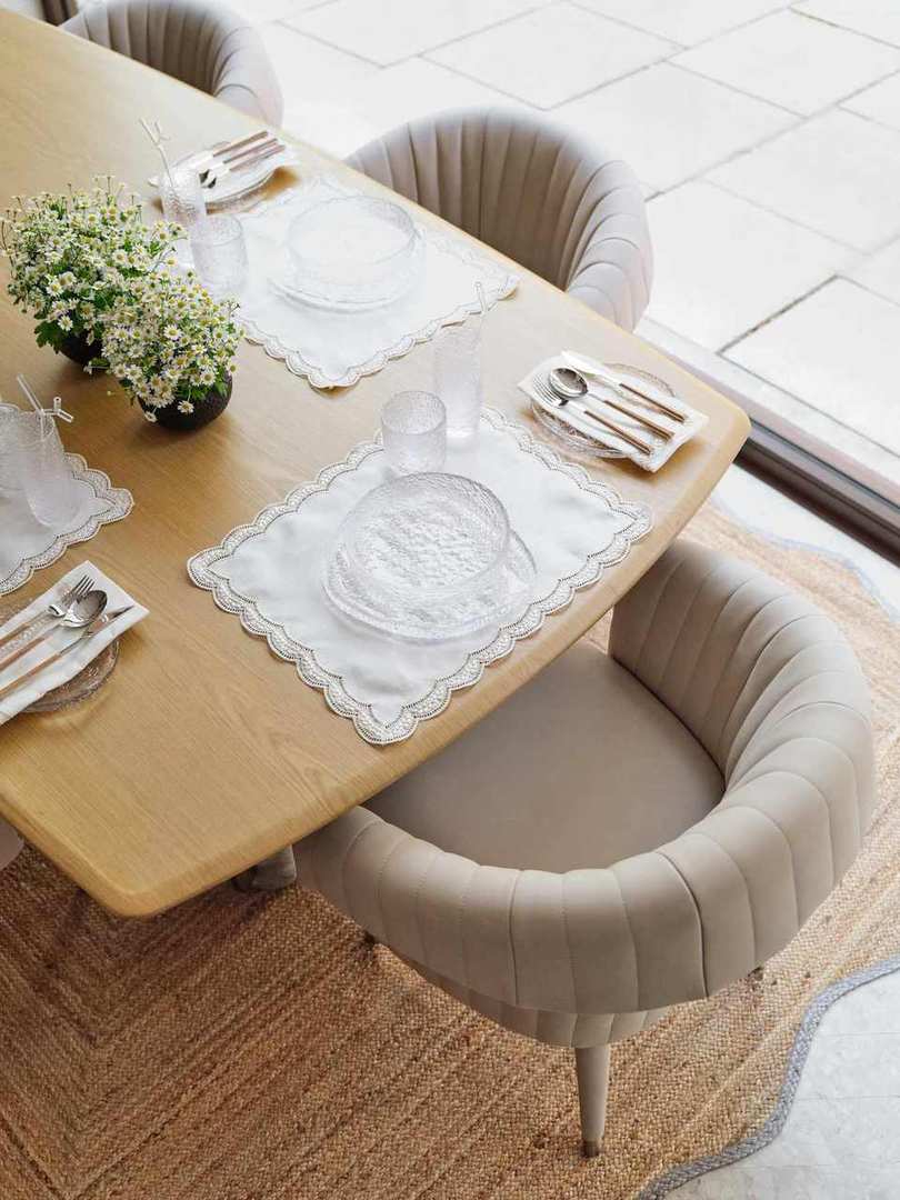 Faura showroom oak dining table setting, Westminster London
